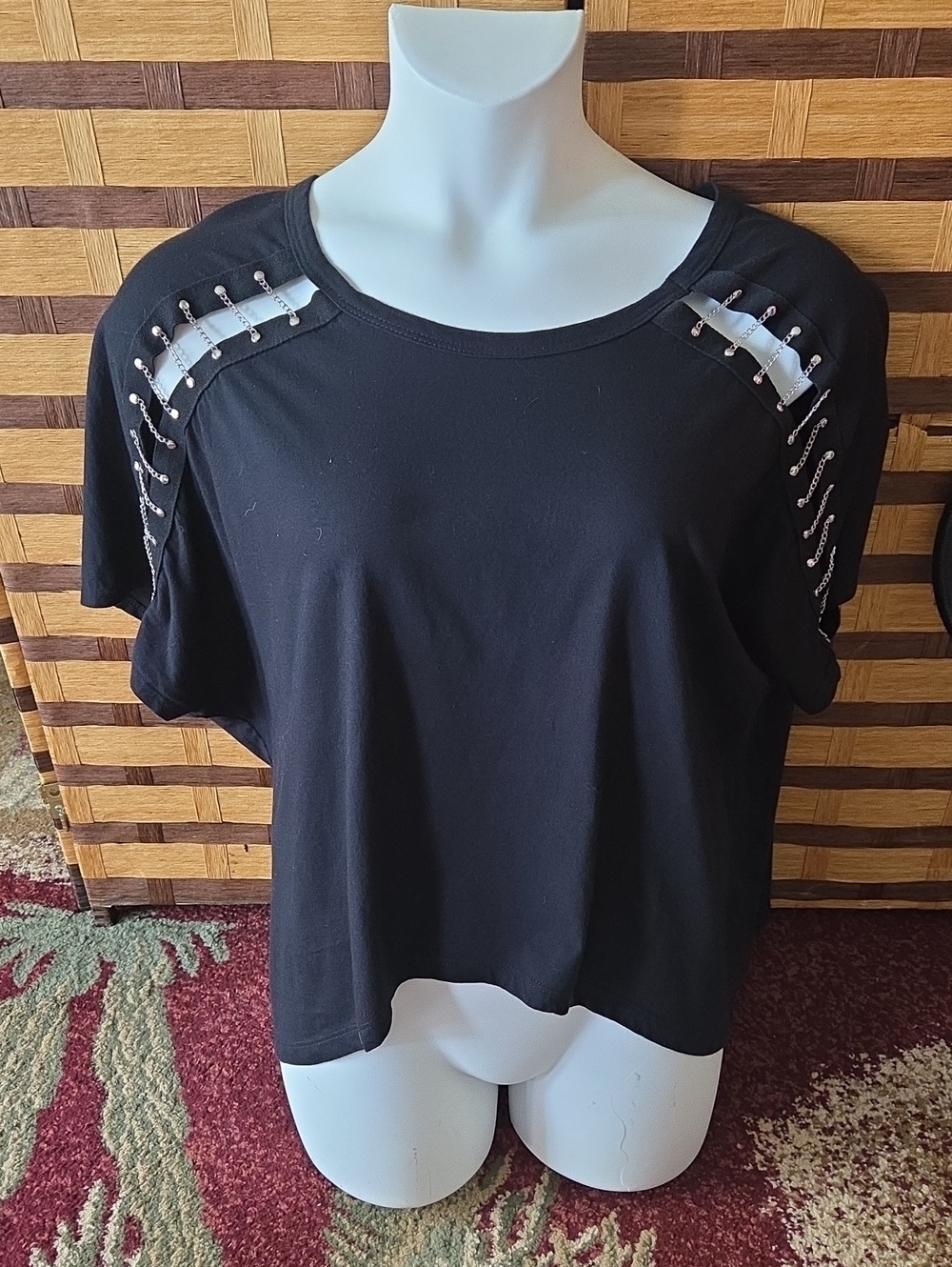 Vocal Black Studded Shoulder Cutout Women's Tee
